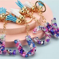 【VV】 A-Z Tassel Letters Keychains Stone Pattern Initial Resin Chains Car Keyring Accessories Jewelry Gifts