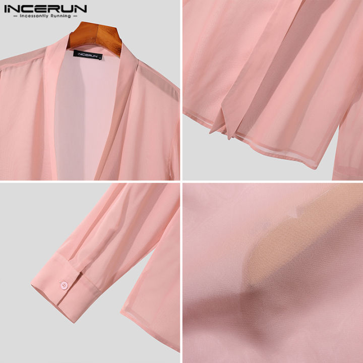incerun-แขนยาวสำหรับผู้ชายผูกปมปกตาข่ายที่สวยงามดูผ่านเสื้อท็อปส์ซูสีทึบ-เสื้อผ้าลำลอง-3