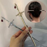 2023 Vintage Punk Chinese Sword Ruby Pendant Hairpin Hair Stick for Women Trendy Personality Metal Tassel Hair Clip Accessories Haberdashery