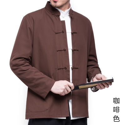Tang ผู้ชายเสื้อแขนยาวฤดูใบไม้ผลิและฤดูใบไม้ร่วงสไตล์จีน Outwear ชายผ้าฝ้ายลินิน Hanfu Top
