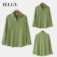 IELGY เสื้อเชิ้ตฮาวายชายแขนยาวสีเขียว