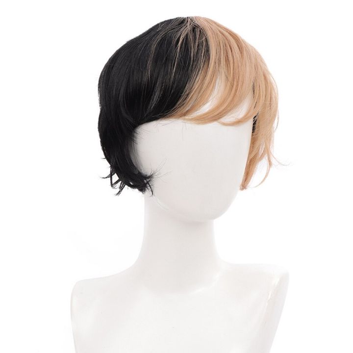 men-short-wig-black-white-splits-synthetic-wig-with-bangs-for-boy-costume-anime-cosplay-wig-slight-curly-natural-hair