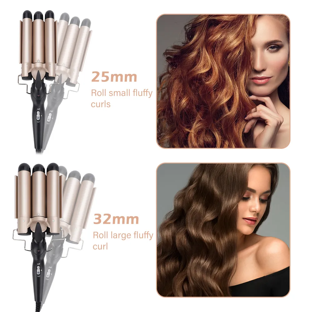 3Barrel Curling Iron 25/32mm Heats Up Fast Tourmaline Ceramic Triple Barrels Beach Waves Curling Iron Egg Roll Hair Styling Tool 3Barrel Curling Iron 25/32mm Heats Up Fast Tourmaline Ceramic Triple Barrels Beach Waves Curling Iron Egg Roll Hair Styling Tool