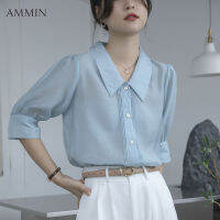 AMMIN 2022ใหม่พร็อพสบายๆสำนักงาน Tencel เสื้อสีทึบแฟชั่นเกาหลีแขนสั้นจุดปกพัฟแขนชีฟองด้านบนสำหรับผู้หญิง