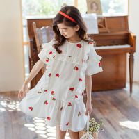 Embroidery Teen Girls Dress New Kids Summer Dress Clothes Cotton Fresh Cherry Pattern Ruffles Teenage Children,#6034