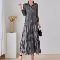 2023 Hot Miyake high-end pleated fashionable suit for women spring and summer shirt top long pleated skirt two-piece set