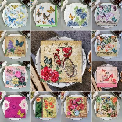 20Pcs/6Pcs Mix Butterfly Flower Decoupage Paper Napkins Vintage Paper Tissues for Party Tableware Wedding Xmas Festival Supplies Spine Supporters