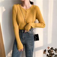 Spring 2023 New Tight Long Sleeve All-Matching Pullover Button Sweater Womens Crew Neck Inner Knitted Top Base Shirt