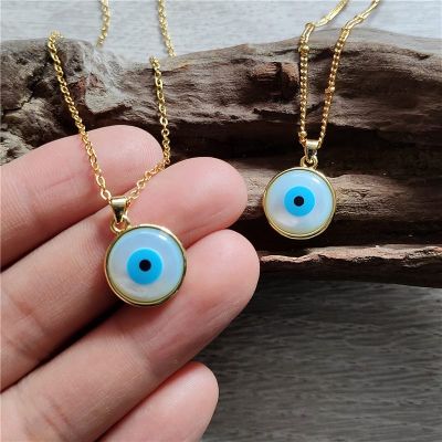 FUWO Wholesale Natural Shell Blue Eye Necklaces,Beautiful Turkish Evil Eye Salite Chain Jewelry For Women NC613 10PCS
