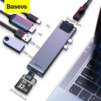 Baseus USB Type C ฮับ C 4K 30Hz HD RJ45ยูเอสบีอีเธอร์เน็ต USB 3.0 TB 3พลังงานอะแดปเตอร์สำหรับ MacBook Pro Air USB-C แท่นฮับ USBC Feona