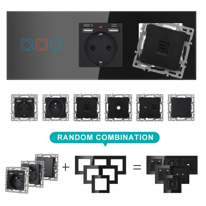 sran-f6-series-multiple-frames-black-tempered-glass-panel-eu-fr-un-sockets-and-switches-dimmer-fan-foot-lamp-rj45-rj11module-diy