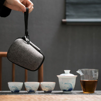 กลางแจ้งแบบพกพาเดินทางชุดกาน้ำชาที่มี3มินิถ้วย1 Gaiwan Porcelana ญี่ปุ่นชุดชา Gaiwan พิธีชุดครัวเรือนชุดไวน์