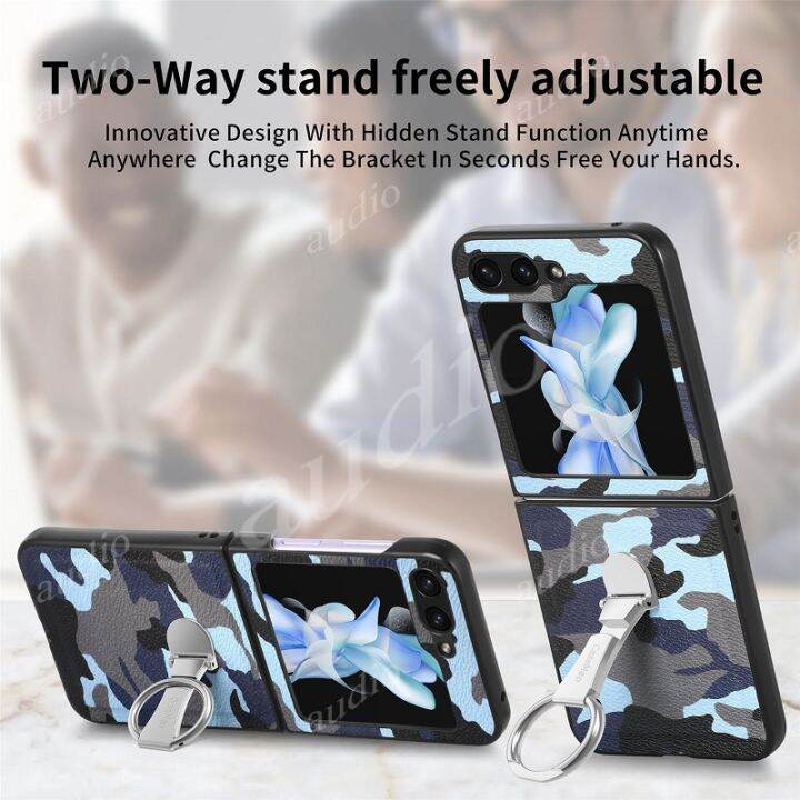 ฝาปิดมีที่ยึดป้องกันการตกสำหรับ-samsung-galaxy-z-flip-5-flip5-5g-2023แหวนพรางตาแฟชั่นหรูหราหนังนิ่ม