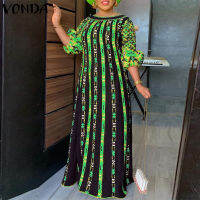 (จัดส่งฟรี)Fancystyle VONDA Women Simple Plus Size Printing Dresses Maxi Crew Collar 3/4 Sleeve Dress