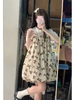 【Ready】? Middle and big childrens small dress summer sweet suit suspender skirt puff sleeve shirt student two-piece suit trendy