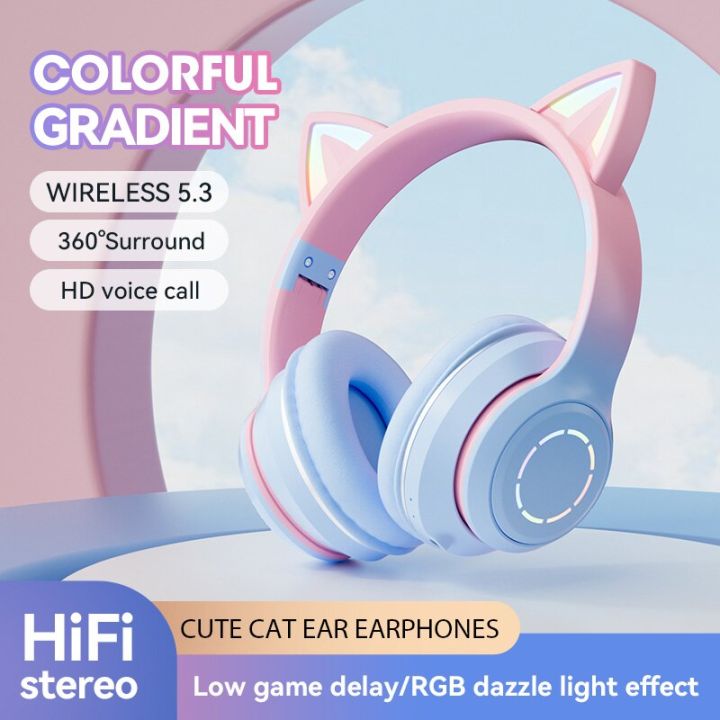 หูฟัง5-3บลูทูธหูแมวใหญ่หูฟังเล่นเกม-hi-fi-สำหรับกีฬานักเล่นเกมหูฟังแบบมีสายหูฟังเอียบัดไร้สายบลูทูธหูฟังเล่นกีฬา