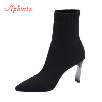 Aphixta Black Knitting Elastic Women Socks Boots Shoes Elegant Metal Thin High Heel Pointed Toe Ankle Boots for Women