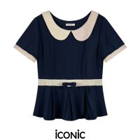 iCONiC NAVY CHIFFON BOW TOP #6914 เสื้อผญ ผ้าชีฟอง สีกรม ปกบัว อก34" เอว28" ยาว25"  เสื้อแฟชั่น เสื้อแฟชั่นผญ เสื้อออกงาน เสื้อทำงาน เสื้อไฮโซ