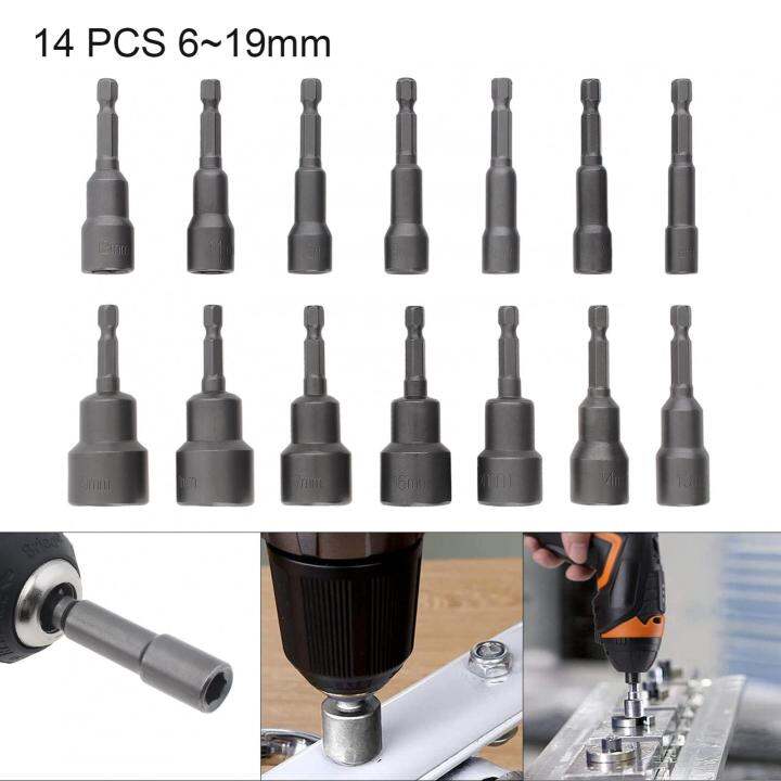 14pcs-magnetic-hexagon-socket-6-19mm-14-inch-hex-shank-nut-setter-driver-เจาะ-bits-ชุดสำหรับไขควงไฟฟ้า-hex-shank-bolt