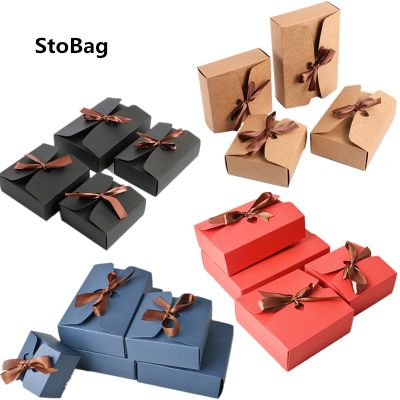 StoBag 10pcs Kraft Paper Business Gift Box With Bow Nougat Handmade Biscuit Box Christmas Candy Package Baby Show Party Supplies