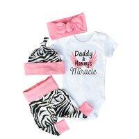 ❐ 4PCS Sets Newborn Baby girls clothes Daddy amp; Mommy 39;s Miracle Bodysuit Zebra Pants Hat Headband Infant Toddle Girls Outfit