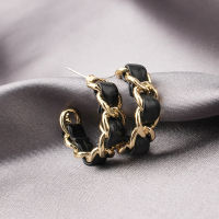 Origin Summer Vintage Twisted Chain Black Leather Earrings for Women Gold Color Alloy Link Open Hoop Earrings Bijoux Jewelry