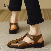 Kanseet New Summer Round Toe Rome Style Sandals Genuine Leather Buckle Strap Handmade Mid Heels Women Shoes Big Sizes 42 Black