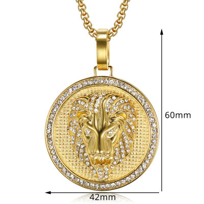 Hip Hop Iced Out Zirconia Lion Head Pendant &amp; Chains For Men Gold Color Stainless Steel CZ Round Necklace Jewelry Dropshipping