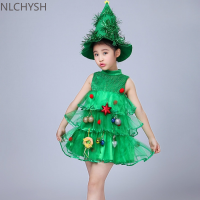 Toddler Kids Baby Girls Christmas Tree Costume Dress Tops Party Vest+Hat Outfits Green Elf Kindergarten Performance Costume