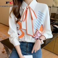 FC New distinctive female hit color flower shirt three-quarter sleeve bow tie blouse chiffon shirt