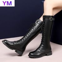 Women Thick Platform Knee-high Boots Autumn Boot Black Lace-up Medium Creepers Shoes Fashion Punk Riding Boots Zipper Round Toe