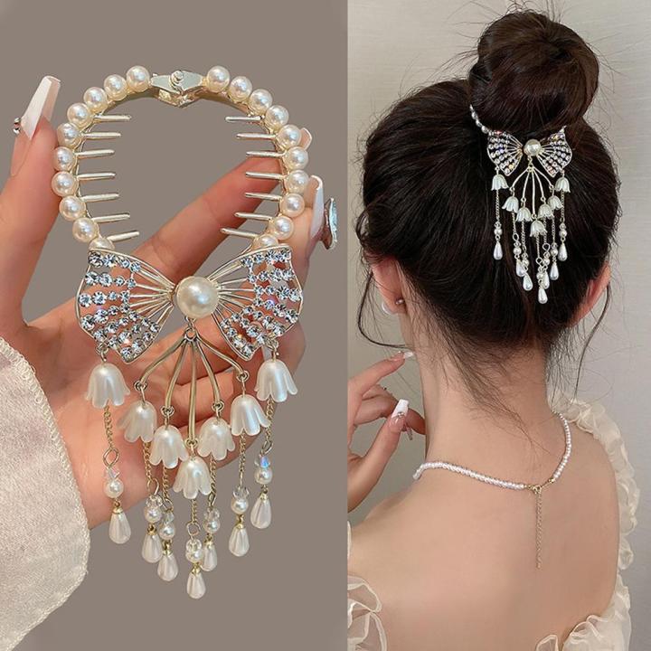 white-tassel-hairpin-back-head-ball-head-plate-hair-for-women-the-ponytail-lily-valley-button-temperament-clip-bow-artifact-ponytail-hair-headdress-clip-of-button-q3f7