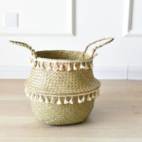 Handmade Bamboo Storage Basket Foldable Laundry Straw Patchwork Wicker Rattan Seaweed Belly Garden Flower Pot Flower Basket