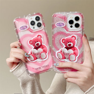 ตุ๊กตาหมีรูปหัวใจสีชมพูเงางามสำหรับ iPhone14ProMax เคสโทรศัพท์หัวใจสีชมพูสำหรับ iPhone12 ถุงลมนิรภัยแบบโปร่งใสกรณีโทรศัพท์มือถือสำหรับ iPhone13 เคสหมีน้อยสีชมพูน่ารักสำหรับ iPhone11ProMax