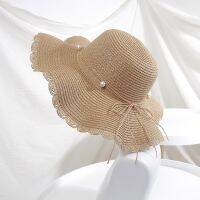 2022 Summer New Hollow Knitted Round Top Straw Hat Women Pearl Bow Big Brim Beach Hats Soild Shade Sun Cap Retro Grass Caps