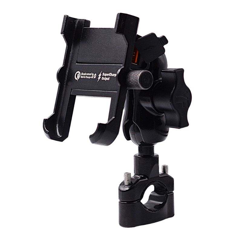 Waterproof Metal Motorcycle Smart Phone Mount with QC 3.0 USB Quick Charger Motorbike Mirror Handlebar Stand Holder for Samsung 4.3-6.7 inch Mobile Phone