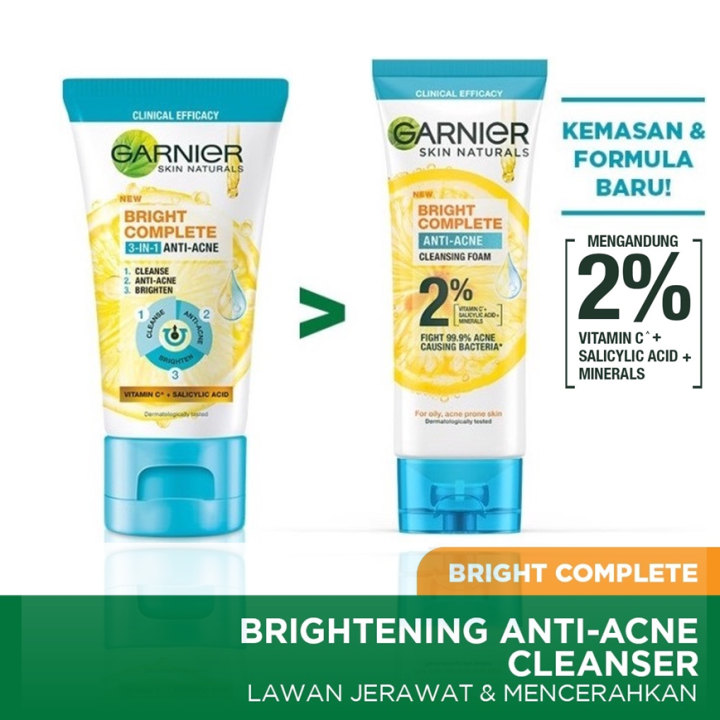 GARNIER Bright Complete AntiAcne Cleansing Foam Facial Wash BPOM dan