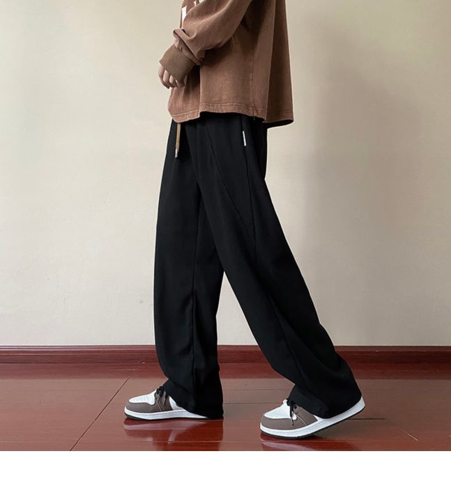 gmak930-แฟชั่นฮ่องกง-slacks-กางเกงขายาวผู้ชาย-m-xxl-ลำลองขากระบอกเกาหลี-เอวยืดใส่สบาย-มีเชือกปรับขนาดได้-สีดำ-น้ําตาล