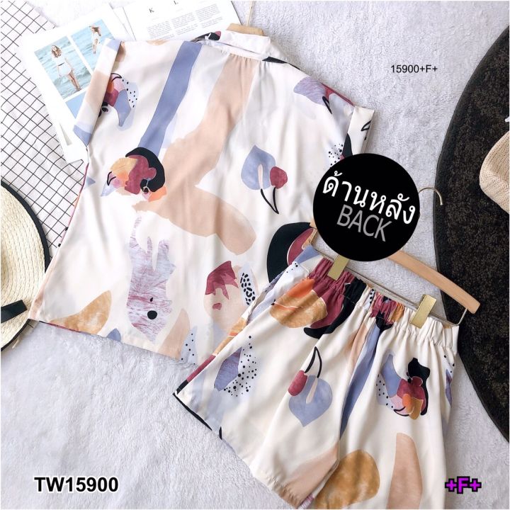 tw15900-set-เสื้อเชิ้ตไหล่ล้ำแขนพับ-พิมลายกราฟฟิก-กางเกงขาสั้น-พิมลายเข้าเซต