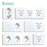 BSEED Touch Light Switch With EU Power Wall Sockets White Wall Led Switches 1/2/3Gang 1Way Crystal Glass Panel Dark Backlight