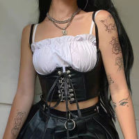 Streetwear Gothic Dark PU หนัง Crop TOP ผู้หญิง Hook Lace Up Punk สไตล์ dropshipping Tank Top cummer bunds coreset Tops