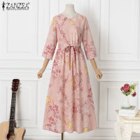 ชุดเดรสดอกไม้พิมพ์ Midi วินเทจผู้หญิง Muangee ชุดเดรสลำลองแขน3/4คอวี Sundress ZANZEA #4