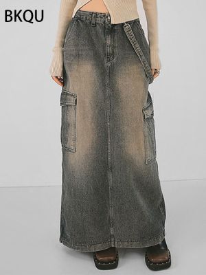 BKQU กระโปรงคาร์โก้ผู้หญิง,กระโปรงยาวผ้าเดนิมวินเทจกระโปรงแม็กซี่ทรงเอวสูงแบบตรงอเมริกันกระเป๋าขนาดใหญ่