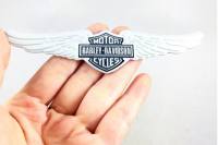 เพจโลโก้ฮาเลย์ มอเตอร์ไซค์ สีเงิน งานอลูมิเนียม ติดข้างถังน้ำมัน Aluminum Harley Davidson silver wing small  Motorcycles 1903-2003 Motorbike Motor Decorative Emblem Badge