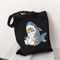 Funny Cat Shark Shopping Bags for Women Summer Harajuku Resuable Canvas Tote Bag Large Capacity Kawaii Eco Shoper Bag Female