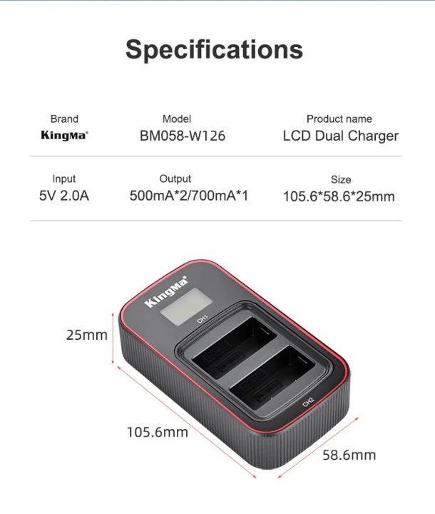 kingma-np-w126-w126s-แบตเตอรี่-lcd-usb-dual-charger-สำหรับ-fujifilm-x100v-x100f-x-h1-x-pro3-2-x-t3-t2-t30-s10-t200-t100-x-e3-x-a7-a5