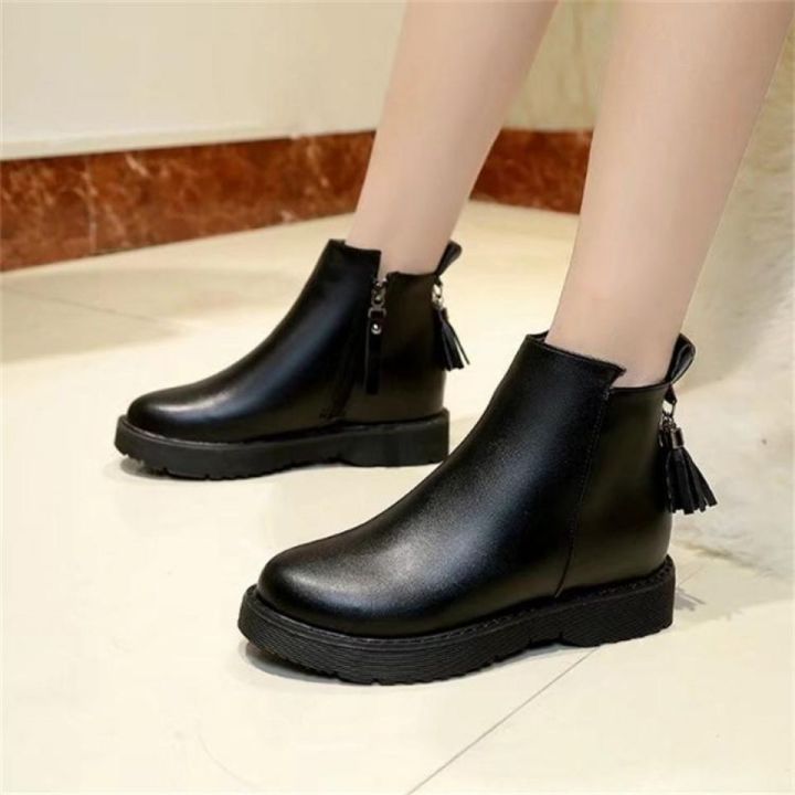 รองเท้าบูทมาร์ตินรองเท้าส้นเตารีด-mode-korea-sepatu-boot-pendek-รองเท้าบู๊ตผู้หญิงรองเท้าหนังสีดำ