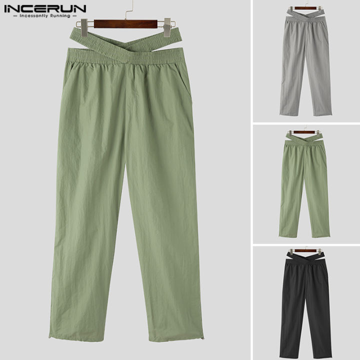 incerun-กางเกงครอสโอเวอร์ผู้ชาย-กางเกงเอวยางยืดลำลองธรรมดากางเกงขายาวมินิมอล-สไตล์เกาหลี