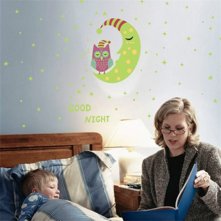 24-home-accessories-cartoon-moon-wall-decal-decor-starry-wall-stickers-luminous-good-night-owl-fluorescent-children-39-s-room-decoration-mural-pvc