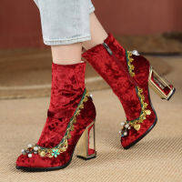 New 2021 Autumn Ethnic Style Velvet Womens Boots Hollow heel Beaded Metal Decoration Zip Short Boots Black Red Blue Women Shoes